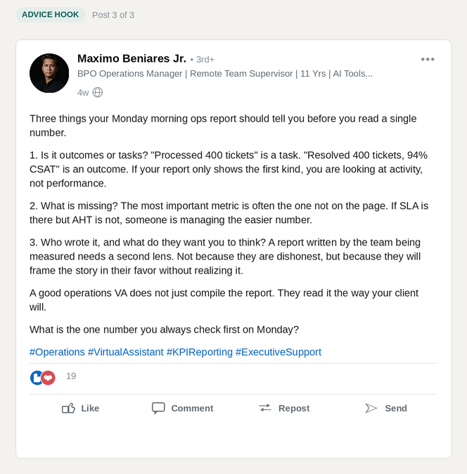 LinkedIn Content Batch - post 3 of 3, advice hook
